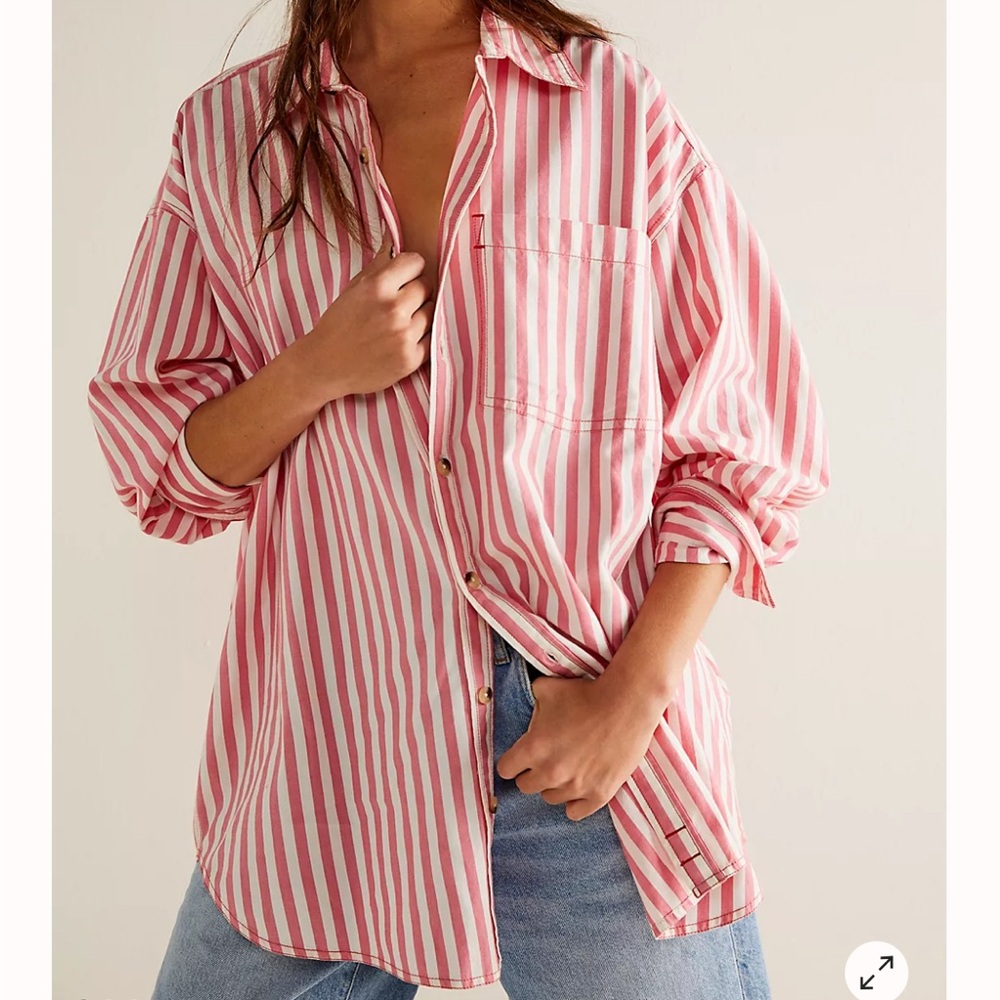 Free People Oversized Coral Pink & White Striped Button Up Shirt